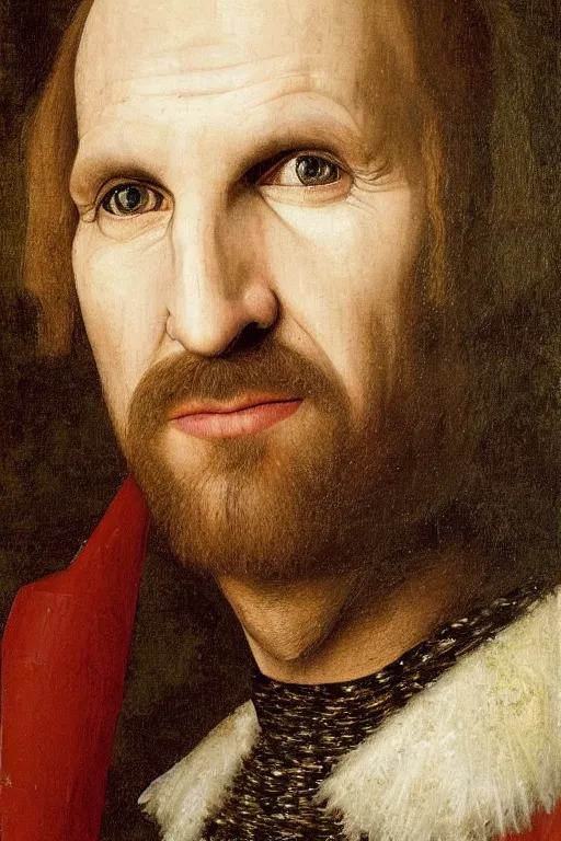 Prompt: portrait of ralph fiennes, oil painting by jan van eyck, northern renaissance art, oil on canvas, wet - on - wet technique, realistic, expressive emotions, intricate textures, illusionistic detail