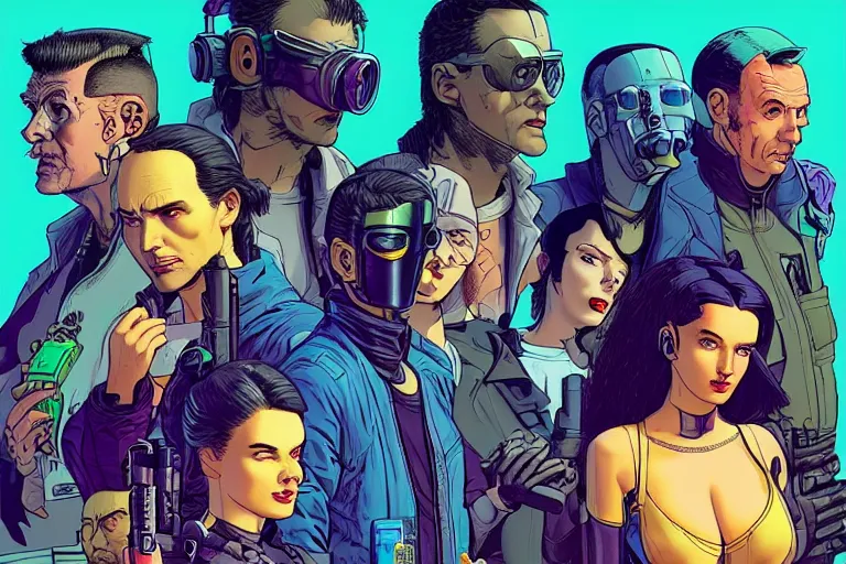 Image similar to cyberpunk heist crew. portrait by stonehouse and mœbius and will eisner and gil elvgren and pixar. character design. realistic proportions. dystopian. cyberpunk 2 0 7 7 character art, blade runner 2 0 4 9 concept art. cel shading. attractive face. thick lines. the team. diverse characters.