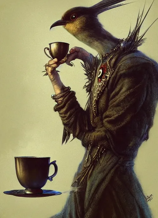 Image similar to a bird holds a cup of tea in its hands, hyperrealism, no blur, 4 k resolution, ultra detailed, style of tyler edlin, tom bagshaw, arthur rackham, ivan shishkin