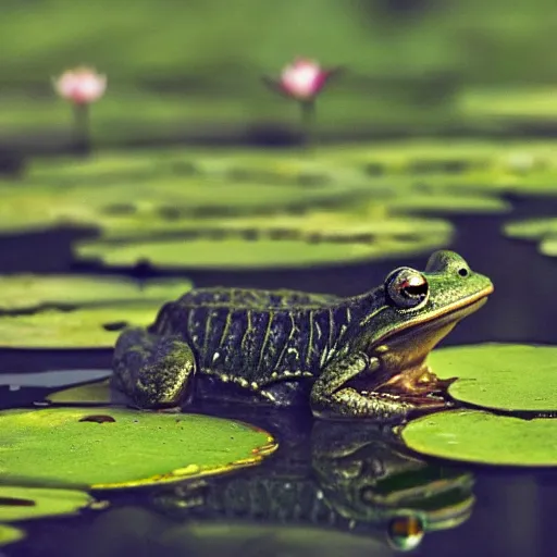 Image similar to oil painting close - up of a smiling frog in the pond with water lilies, high grey medieval castle on background, shallow depth of field, highly detailed, ominous, digital art, masterpiece, matte painting, sharp focus, matte painting, by isaac levitan, monet, asher brown durand,