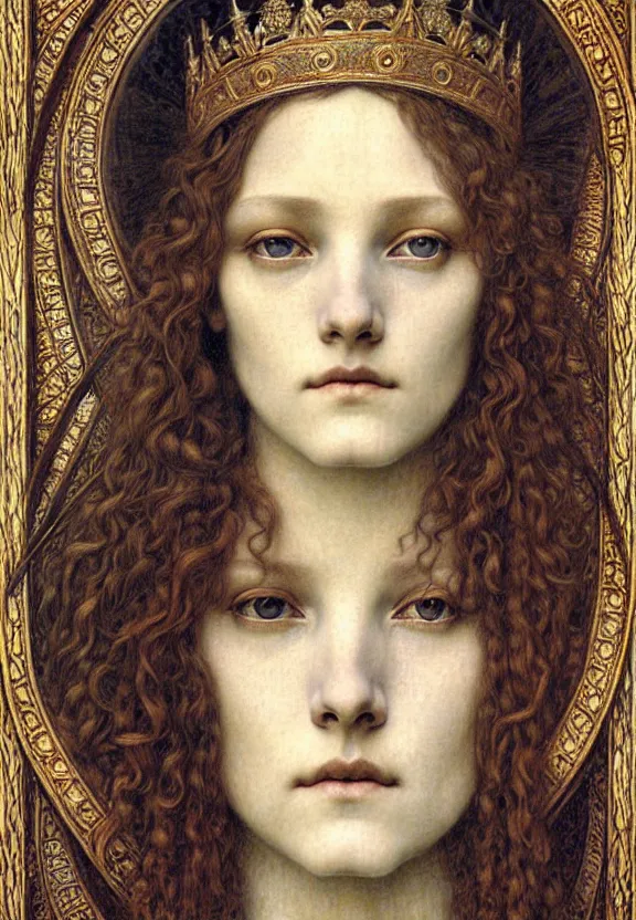 Image similar to detailed realistic beautiful young medieval queen face portrait by jean delville, gustave dore and marco mazzoni, art nouveau, symbolist, visionary, gothic, pre - raphaelite. horizontal symmetry