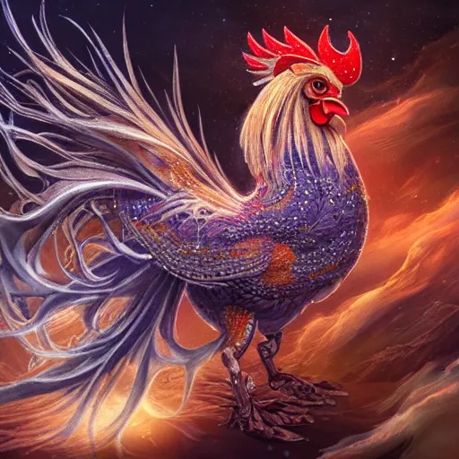 Image similar to a wlop 3 d render of very very very very highly detailed beautiful mystic portrait of a phantom undead rooster with whirling galaxy around, tattoos by anton pieck, intricate, extremely detailed, digital painting, artstation, concept art, smooth, sharp focus, illustration, intimidating lighting, incredible art,