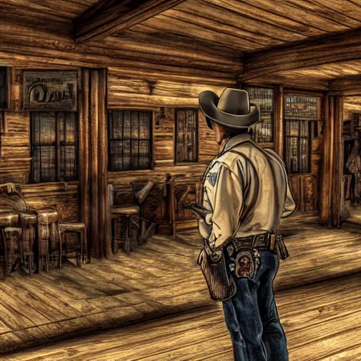 Prompt: A Sheriff looking at an outlaw from across the Saloon, Wild West, highly detailed, HDR, 4k, digital art