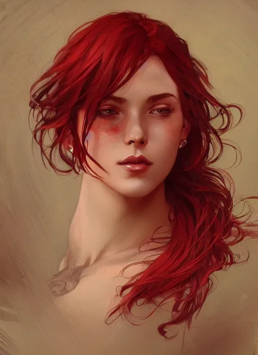 Prompt: Red short hair portrait of a man, fantasy, intricate, elegant, highly detailed, digital painting, artstation, concept art, smooth, sharp focus, illustration, art by artgerm and greg rutkowski and alphonse mucha