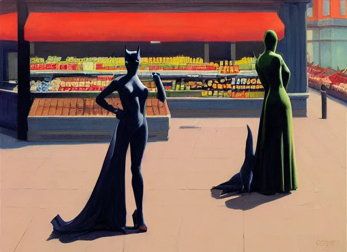 Image similar to !dream catwoman in line at a grocery store painting by Edward Hopper and James Gilleard, Zdzislaw Beksinski highly detailed