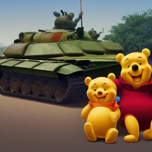 Image similar to winnie the pooh as tank man at tiananmen square sitting down in front of chinese tanks, award winning photography, extremely detailed, artstation, 8 k, sensual lighting, incredible art, wlop, artgerm