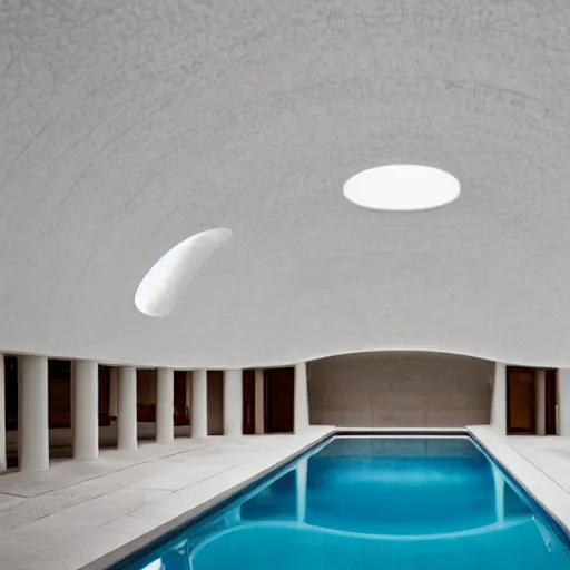 Image similar to a dimly lit underground pool made of white stone, rounded roof, curved architecture, surreal, liminal, eerie, minimalist, photo,