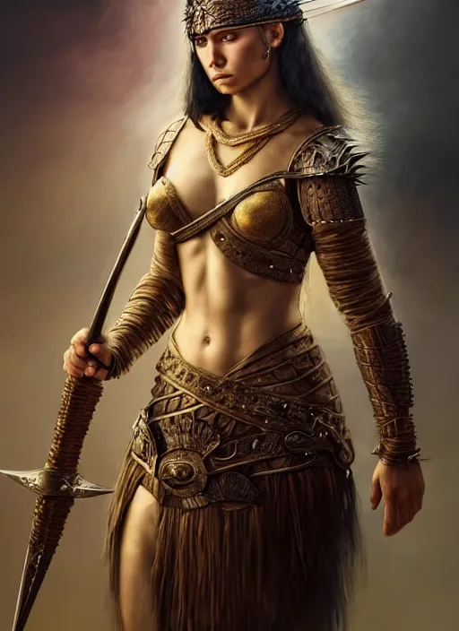 Image similar to a young warrior woman moments before battle, diffuse lighting, fantasy, intricate, elegant, highly detailed, lifelike, Rebel, photorealistic, digital painting, artstation, punks, illustration, concept art, smooth, sharp focus, artgerm, by John Collier and Albert Aublet and Leonardo da vinci and Krenz Cushart and Artem Demura and Alphonse Mucha