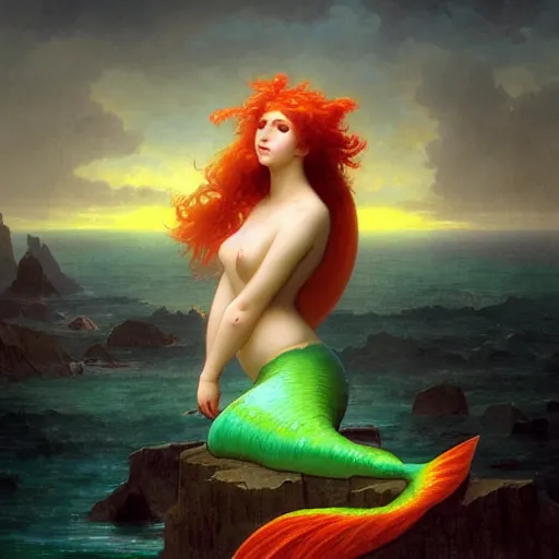 Prompt: a beautiful stunning interesting detailed fantasy whimsical matte digital portrait illustration of a mermaid with blue-green hair, yellow-orange and red-violet spectacular sunset, in the style of William Adolphe-Bouguereau and Marc Simonetti, magic the gathering, trending on artstation hq, contest winner