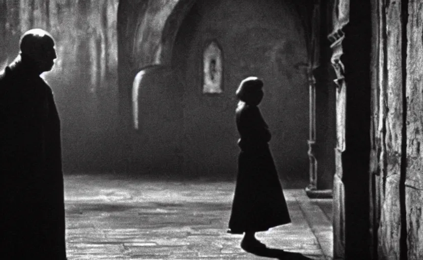 Image similar to haunting in Venice, still from an old surrealist black and white movie directed by Jan Svankmajer, Béla Tarr, Ingrid Bergman and Robert Wiene. Dark background, dramatic lighting, detailed, cinematic