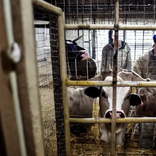 Image similar to inmates weating cow heads inside a jailcell