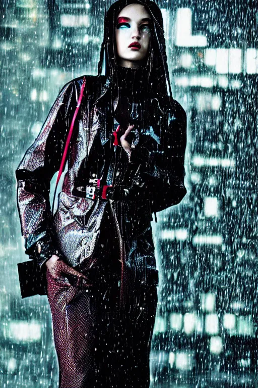 Prompt: portrait photo of cyberpunk girl under rain, fashion editorial photography, from vogue magazine