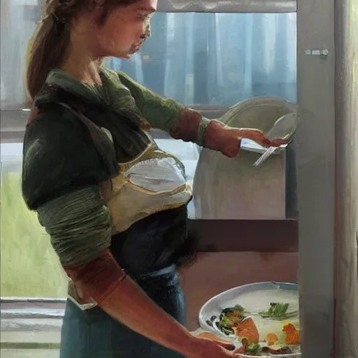 Image similar to young blonde wife making breakfast for her husband, painting by Vladimir Volegov,