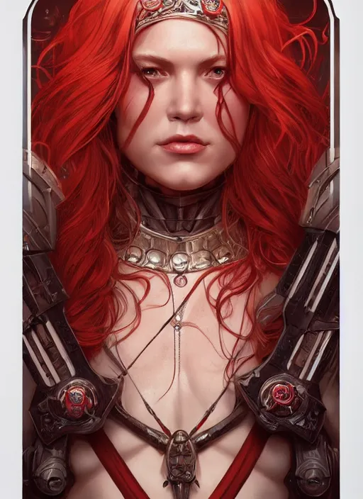 Image similar to symmetry!! red sonja, machine parts embedded into face, intricate, elegant, highly detailed, digital painting, artstation, concept art, smooth, sharp focus, illustration, art by artgerm and greg rutkowski and alphonse mucha, 8 k