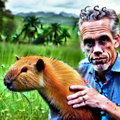 Prompt: Jordan Peterson on a capybara ranch with a cat on his shoulder