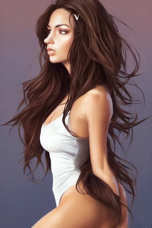 Image similar to full length portrait of very very very very very beautiful brunette female with amazing figure wearing tight night ’ s club dress and in white simple sneakers doing model posing, d & d, fantasy, portrait, highly detailed, headshot, digital painting, trending on artstation, concept art, sharp focus, illustration, art by artgerm and greg rutkowski and magali villeneuve