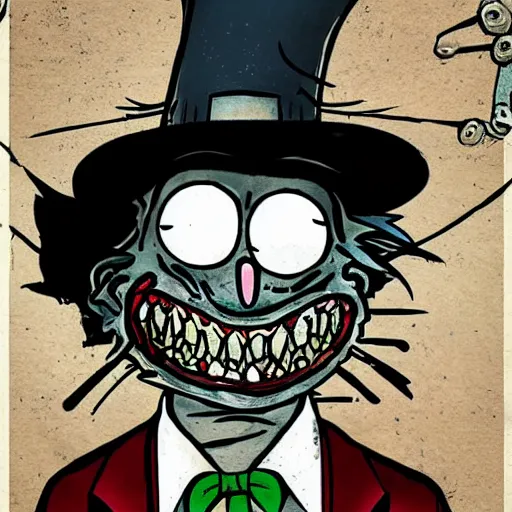 Image similar to grunge drawing of the cat in the hat by - rick and morty , loony toons style, horror themed, detailed, elegant, intricate