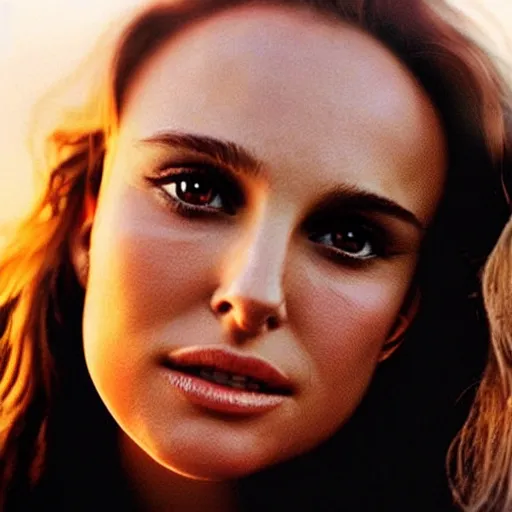 Image similar to “Natalie Portman, beautiful, golden hour, golden filter, sunset on the background, sharp focus, hyperrealistic masterpiece professionally post-processed smooth ultradetailed digital airbrush painting”