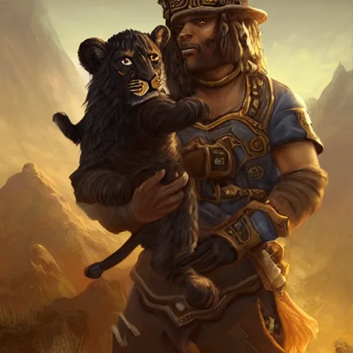 Prompt: An Black 1920's explorer holding a lion cub in his hands in World of Warcraft, cover art, ultra wide lens shot, pretty, beautiful, DnD character art portrait, matte fantasy painting, DeviantArt Artstation, by Jason Felix by Steve Argyle by Tyler Jacobson by Peter Mohrbacher, cinematic lighting