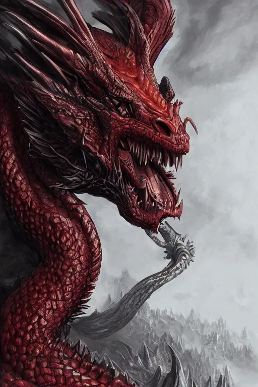 Prompt: The first dragon, elder, primogenitor, hyper detailed, by frank franzzeta, oil painting, monochromatic red, artstationHD