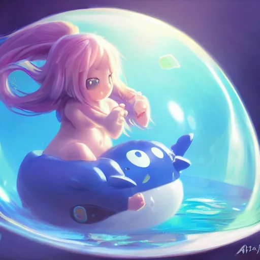 Image similar to cinematic portrait of cute aqua Mew riding large blue bubble, oil on canvas, epic masterpiece, trending on artstation, featured on pixiv, cinematic composition, dramatic pose, beautiful lighting, sharp, details, hyper-detailed, HD, HDR, 4K, 8K