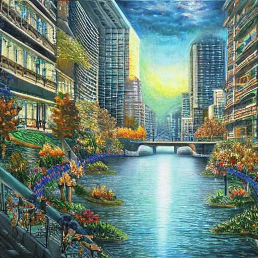 Prompt: Beautiful city of the future in harmony with nature. Beautiful detailed grainy painting by Lurid. (2022)