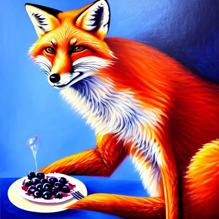 Prompt: a painting of a photorealistic anthropomorphic male red fox in a nice suit eating a slice of blueberry pie, oil on canvas, soft lighting, vivid colors