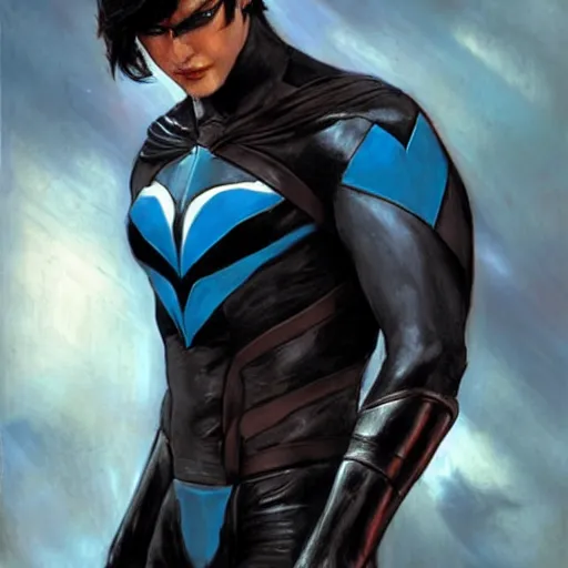 Image similar to close up of nightwing in full leather armor, cinematographic shot, by daniel f. gerhartz