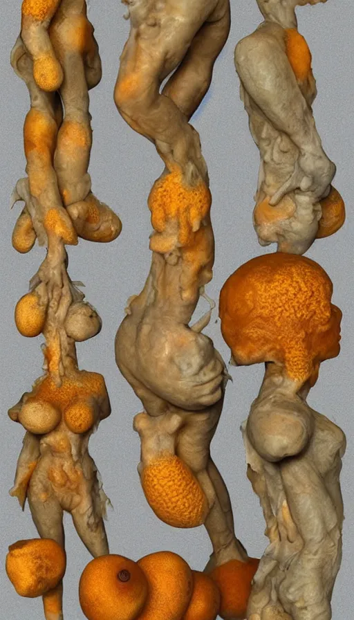 Prompt: a human fruit covered with molds, fungus, complete figure, 3 d render, photo realistic, highly detailed, vivid colors.