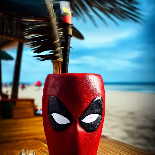 Image similar to a closeup photorealistic photograph of a deadpool style tiki mug sitting at a trader vic's beach bar featuring the face of deadpool. tiki party. bright scene. fine detail. this 4 k hd image is trending on artstation, featured on behance, well - rendered, extra crisp, features intricate detail, epic composition and the style of unreal engine.