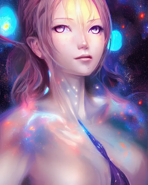 Image similar to A realistic anime portrait of a beautiful cosmic woman with glowing blue eyes and skin made of universes wearing clothes made of galaxies, digital painting, by Stanley Artgerm Lau, Sakimichan, WLOP and Rossdraws, digtial painting, trending on ArtStation, SFW version