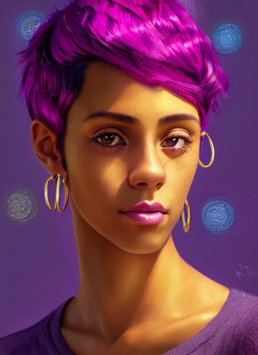 Image similar to portrait of teenage vanessa morgan with bright pink hair, black girl, curly pixie cut hair, wearing a purple breton cap, breton cap, hoop earrings, intricate, elegant, glowing lights, highly detailed, digital painting, artstation, concept art, smooth, sharp focus, illustration, art by wlop, mars ravelo and greg rutkowski