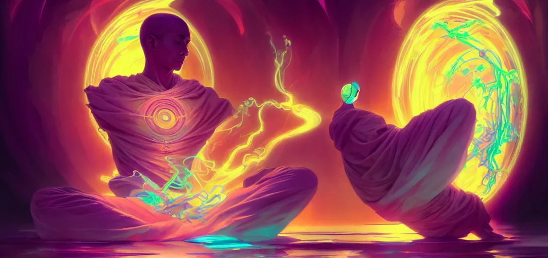 Image similar to a floating monk meditating, channeling swirling energy, wearing netrunner clothing, vaporwave aesthetic, colorful, psychedelic, digital painting, artstation, concept art, smooth, sharp focus, illustration, art by artgerm and greg rutkowski and alphonse mucha