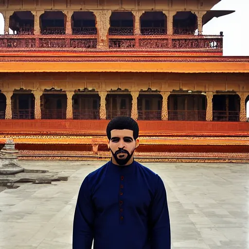 Prompt: drake, hindu temple in background, wearing a kurta, photograph