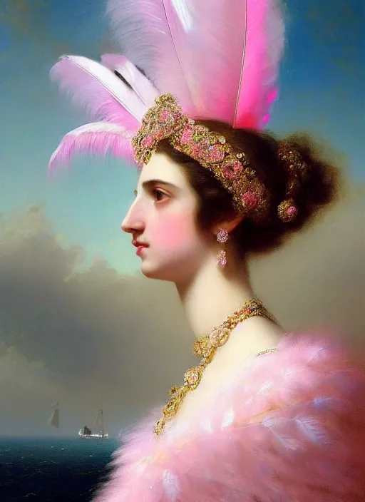 Image similar to stunning spanish godess princess, detailed pink and white feathers head peace against a black backdrop by ivan aivazovsky, 3 / 4 view portrait, wlop, super sharp details, photorealism, canon 5 d, 5 0 mm lens, stunning photoshot, beautiful soft lighting, muted colours, artstation