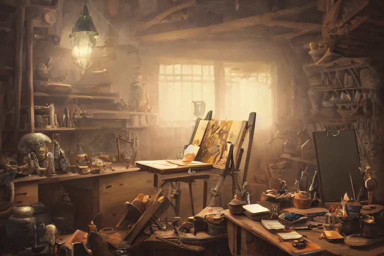 Prompt: an insanely detailed realistic depiction of rustic artist's workshop, easel, chisel, in the style of peter mohrbacher, artgerm, dramatic lighting and composition, octane render, trending on artstation, concept art 8 k