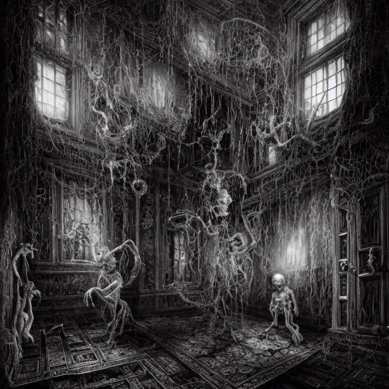 Prompt: New Year's Eve in a Haunted House, creepy, nightmare, dream-like heavy atmosphere, surreal , beautiful detailed intricate insanely detailed octane render trending on Artstation, 8K artistic photography, photorealistic, chiaroscuro, MC Escher, Basil Gogos, Gustave Dore, Beksinski, Rudolph Belarski, Laurie Lipton, Charles Addams