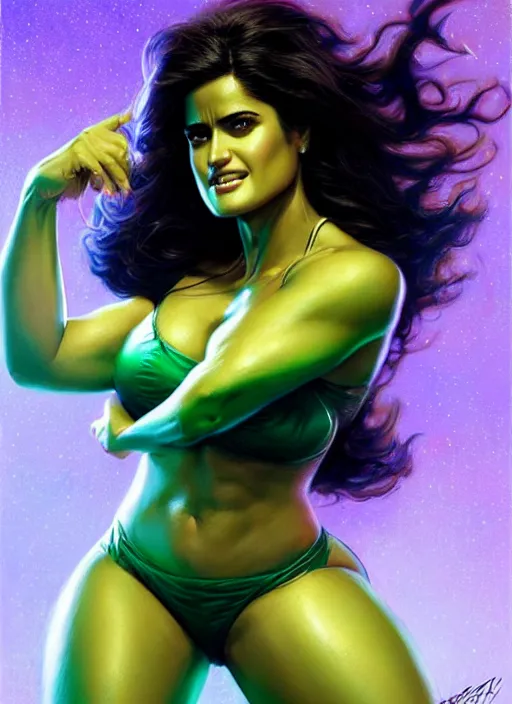 Image similar to salma hayek as she - hulk, intricate, elegant, glowing lights, highly detailed, digital painting, artstation, glamor pose, concept art, smooth, sharp focus, illustration, art by artgerm and greg rutkowski, artey freytag