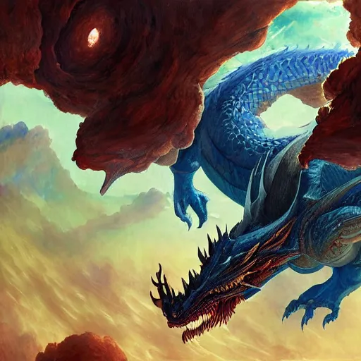 Prompt: Gigantic blue scaled dragon devouring an earth like planet while flying in space, sun system, behemoth, human dragon hybrid, nebula, oil painting, by Fernanda Suarez and Edgar Maxence and Greg Rutkowski
