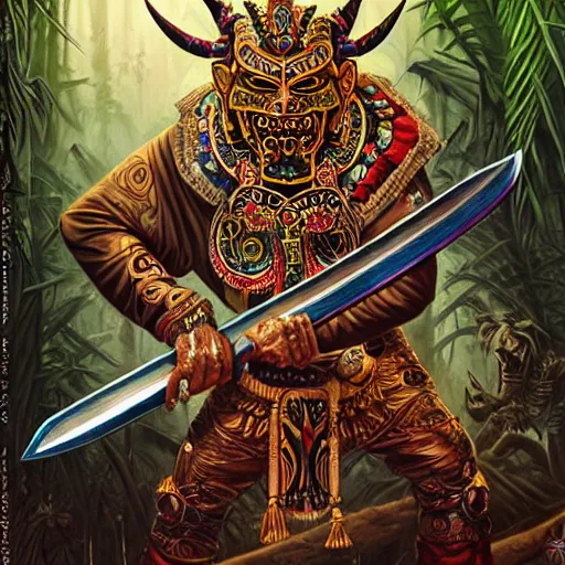 Prompt: side profile of barong family ancient sword with jewels, wiwek, mara demon, one single tribe member, jungle, one single mask, dark, tribal, inner glow, art by dan mumford and justin gerard