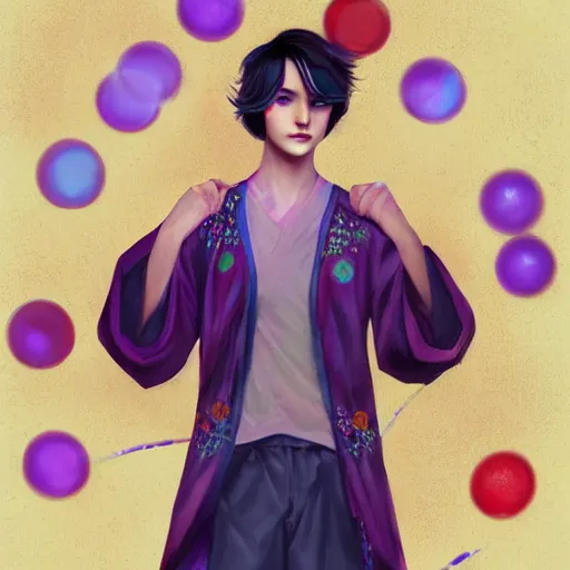 Prompt: colorful and Festive Captivating teenager boy with straight indigo hair, purple eyes with red eye markers, slim body, wearing a detailed Japanese kimono. rich vivid colors, ambient lighting, dynamic lighting, 4k, atmospheric lighting, painted, intricate, highly detailed by Charlie Bowater