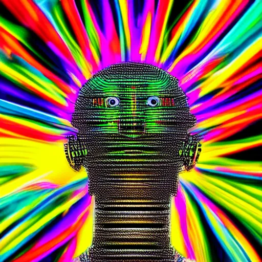 Image similar to fashion photo of a black tshirt with a hyperdetailed portrait of a futuristic trippy cute meditating robot, 8 k, symetrical, fluorescent colors, halluzinogenic, multicolored tshirt art,