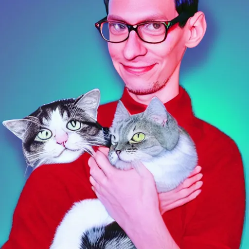 Prompt: portrait of neil cicierega holding his cat in the dark, red lighting