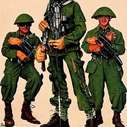 Image similar to soldier and comrads and pepe the frog by norman rockwell