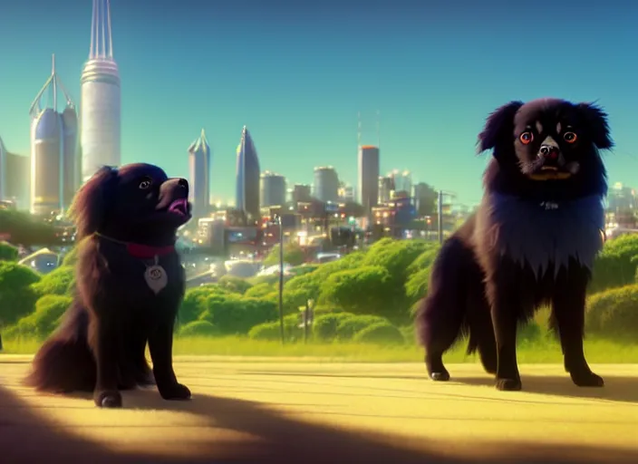 Prompt: a wholesome animation key shot of a black tibetan spaniel, perth city in the background, studio ghibli, pixar and disney animation, sharp, rendered in unreal engine 5, anime key art by greg rutkowski, bloom, dramatic lighting