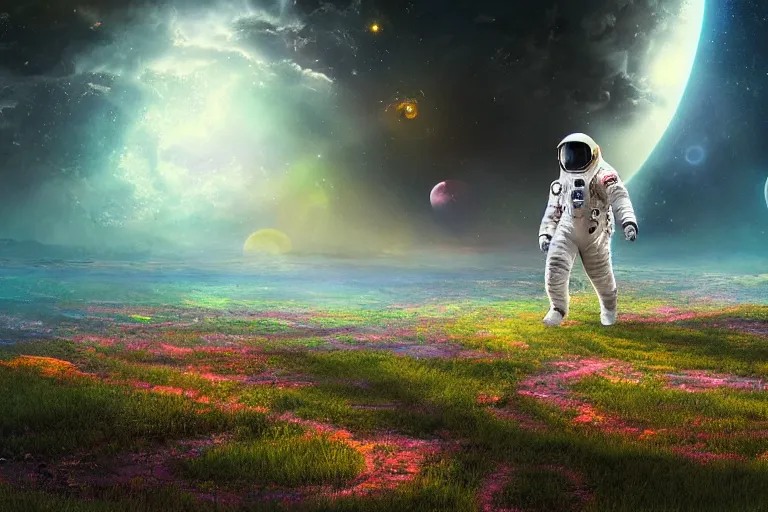 Image similar to Astronaut walking on a landscape of a beautiful enchanted fantasy world. Colorful. Cinematic lighting. Photorealism.