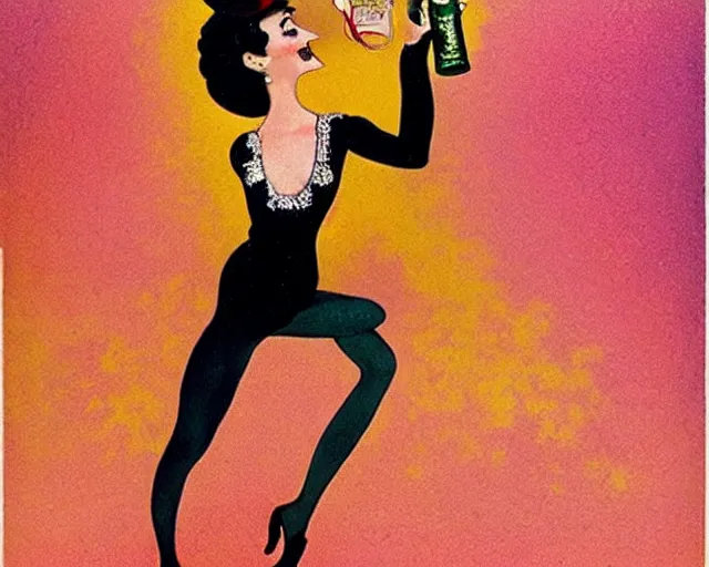Prompt: audrey hepburn as cancan dancer, melchizedek champagne bottle. leonetto cappiello, pur champagne damery, 1 9 0 2.