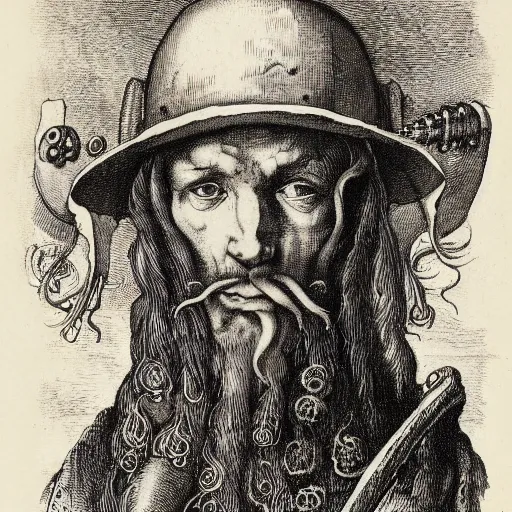 Image similar to tA colonial soldier with an octopus head, by Albrecht Dürer, engraving, ink, black and white, 17th century