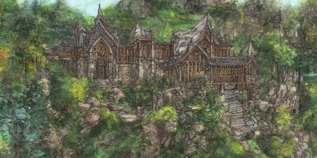 Image similar to residence in the style of rivendell