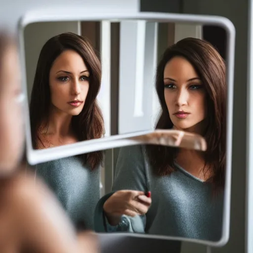 Image similar to a beautiful woman looking at her reflection in the mirror